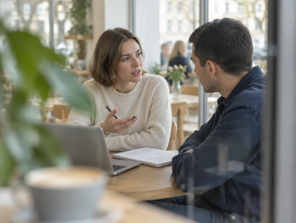 Zwei Menschen besprechen im Café ein Vorhaben am Laptop, sie skizziert mit dem Stift